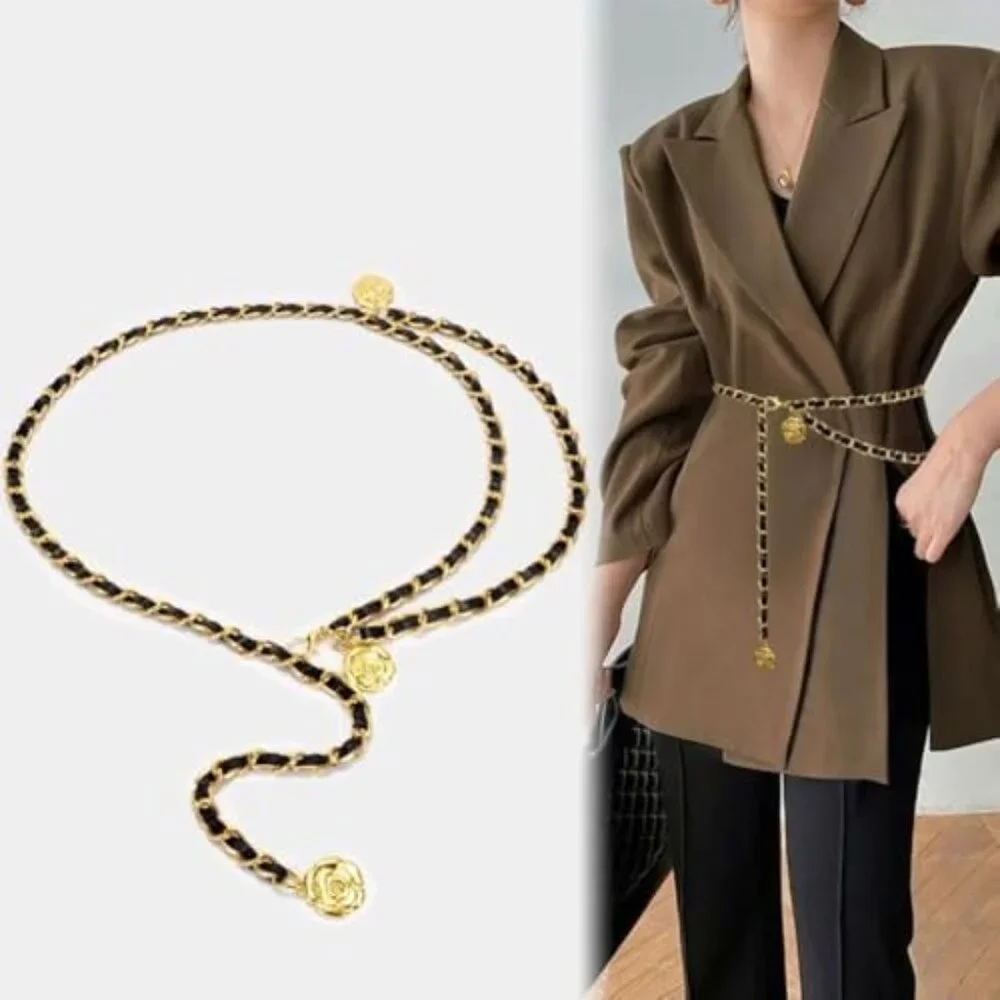 NWT Black and Gold Chain Belt Multilayer w/ Camellia Flower Pendants - Picture 2 of 5